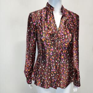Vintage Y2K Floral Silk Blouse Size 2 XS High Neck Pleated Wearable Art Siren